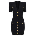 New Style Commuter V-neck Knitted Sweater Medium Long Dress with Rivet Buckle Short Sleeve Dress for Women