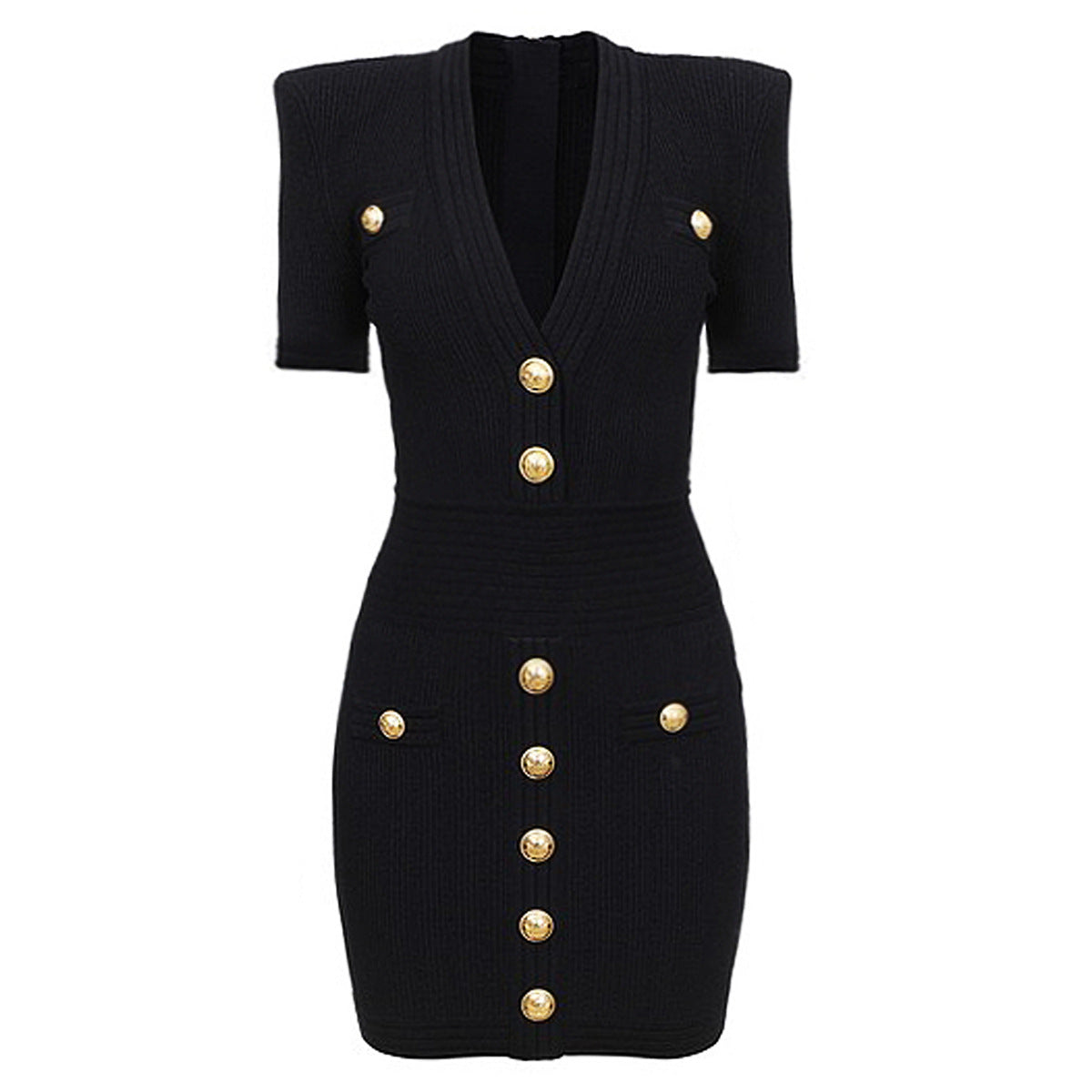 New Style Commuter V-neck Knitted Sweater Medium Long Dress with Rivet Buckle Short Sleeve Dress for Women