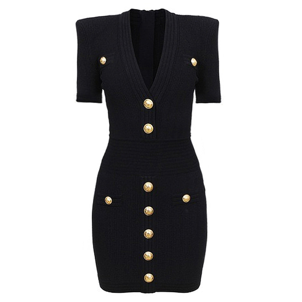 New Style Commuter V-neck Knitted Sweater Medium Long Dress with Rivet Buckle Short Sleeve Dress for Women