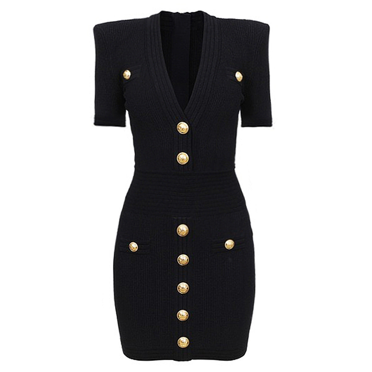 New Style Commuter V-neck Knitted Sweater Medium Long Dress with Rivet Buckle Short Sleeve Dress for Women
