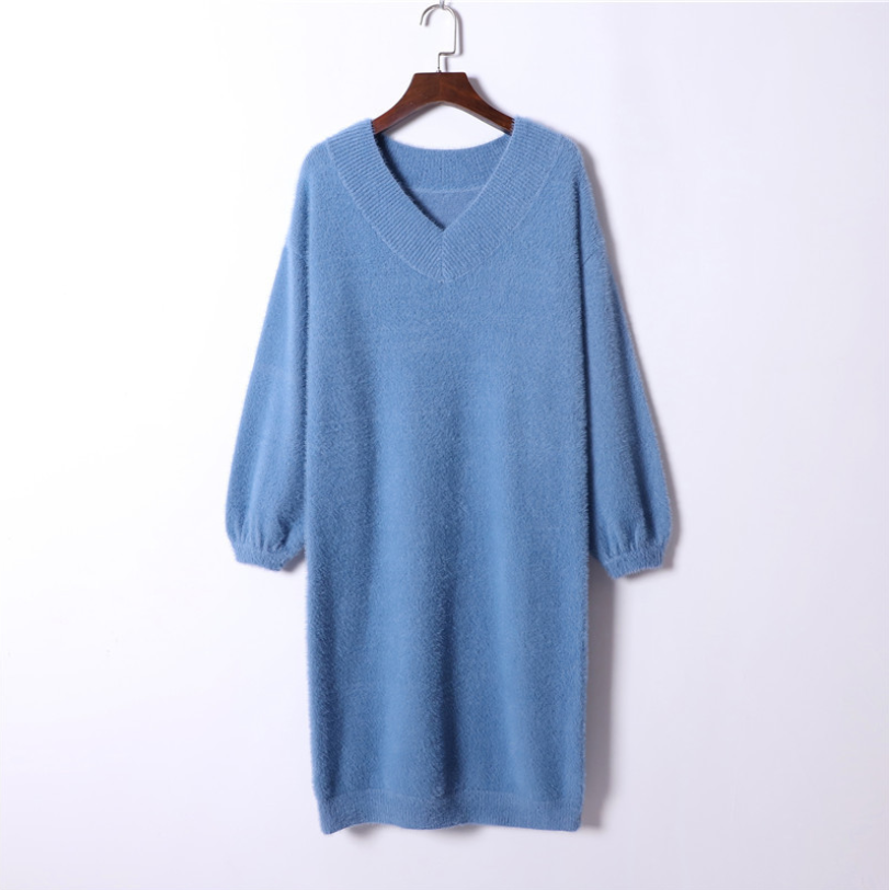 Autumn winter v-neck short lantern sleeve thick sweater dress fur dress women loose mini dress Female  chic straight dress