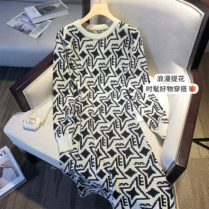Office Lady Knitted Dress Autumn Winter French Style Slim Crewneck Long Sleeve Mini Sweater Dress for Women