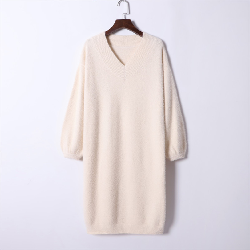 Autumn winter v-neck short lantern sleeve thick sweater dress fur dress women loose mini dress Female  chic straight dress