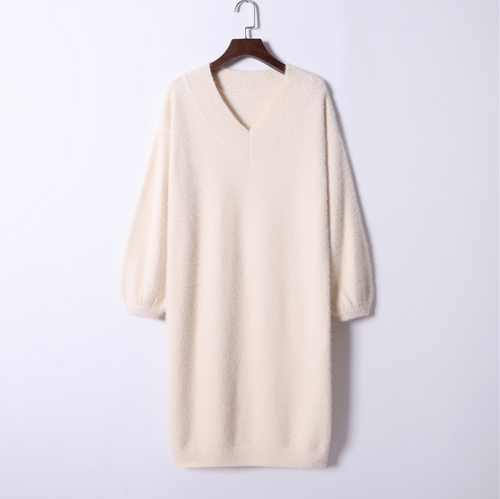 Autumn winter v-neck short lantern sleeve thick sweater dress fur dress women loose mini dress Female  chic straight dress