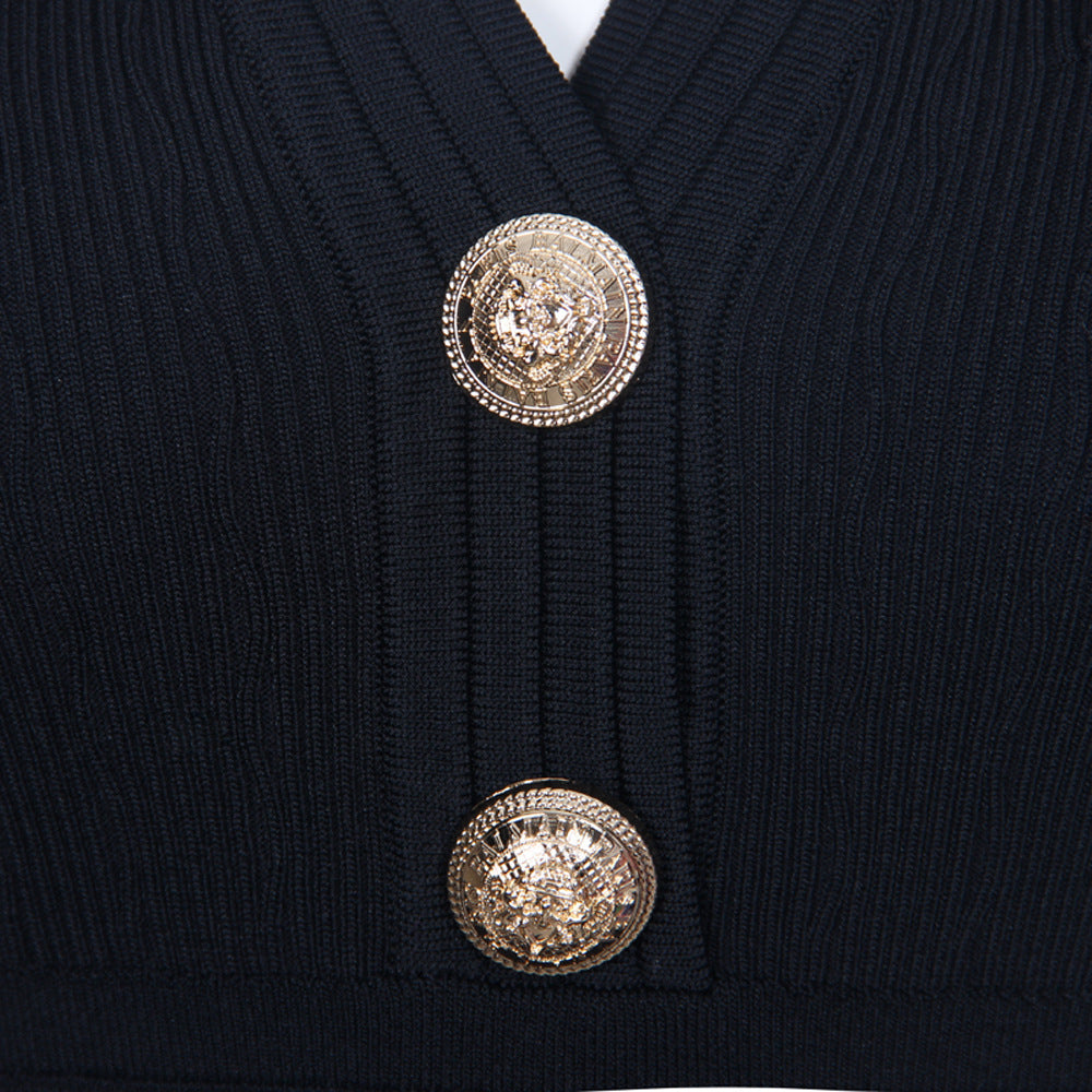 New Style Commuter V-neck Knitted Sweater Medium Long Dress with Rivet Buckle Short Sleeve Dress for Women
