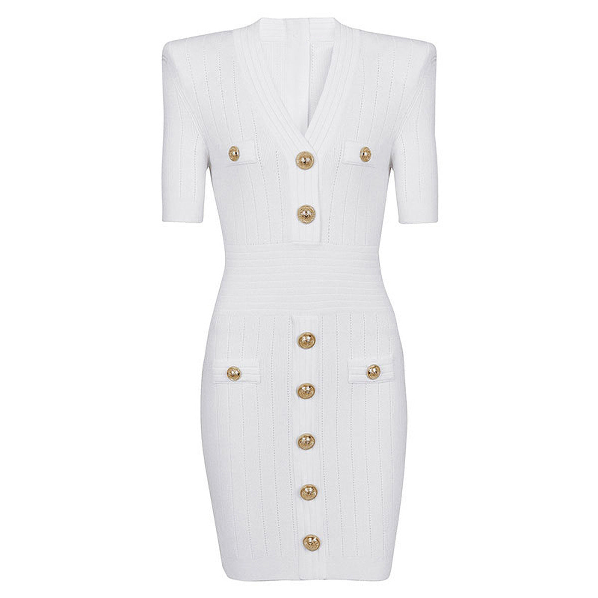 New Style Commuter V-neck Knitted Sweater Medium Long Dress with Rivet Buckle Short Sleeve Dress for Women