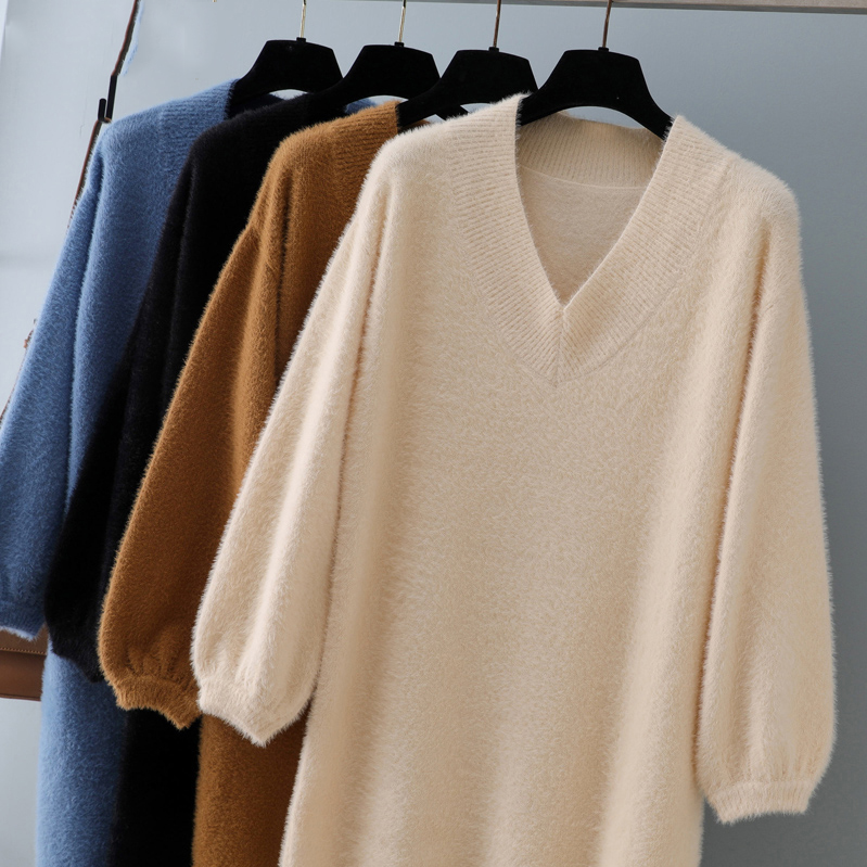 Autumn winter v-neck short lantern sleeve thick sweater dress fur dress women loose mini dress Female  chic straight dress