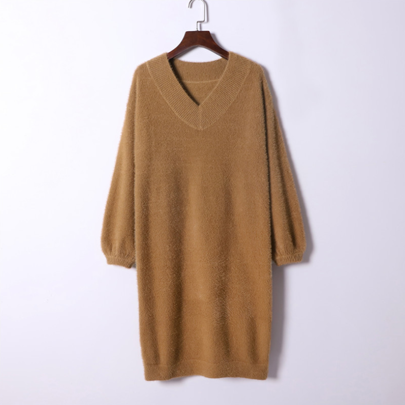 Autumn winter v-neck short lantern sleeve thick sweater dress fur dress women loose mini dress Female  chic straight dress