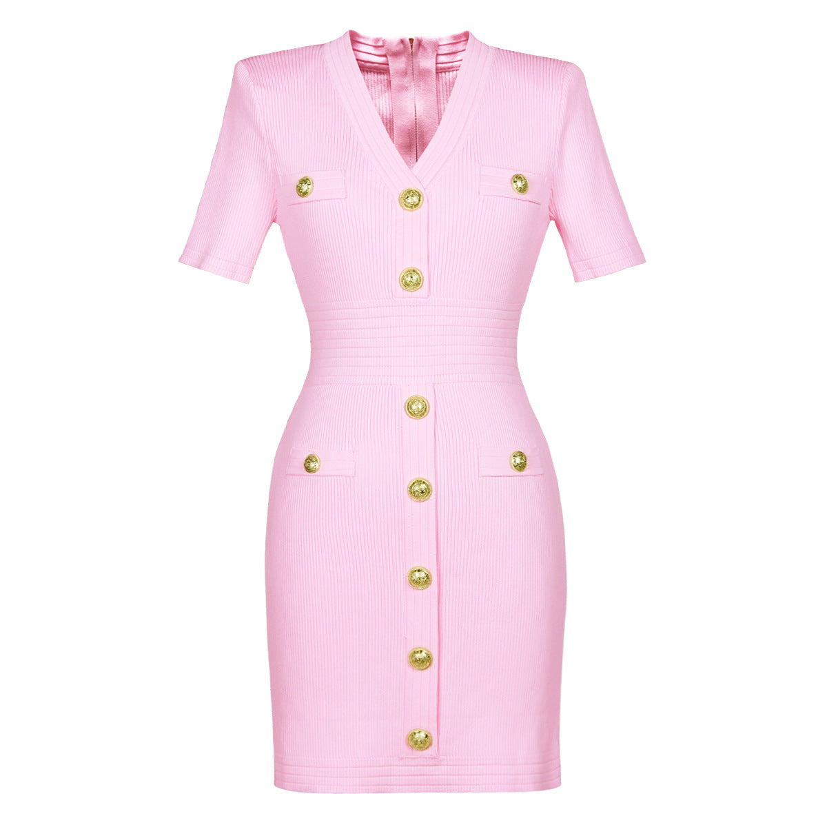 New Style Commuter V-neck Knitted Sweater Medium Long Dress with Rivet Buckle Short Sleeve Dress for Women