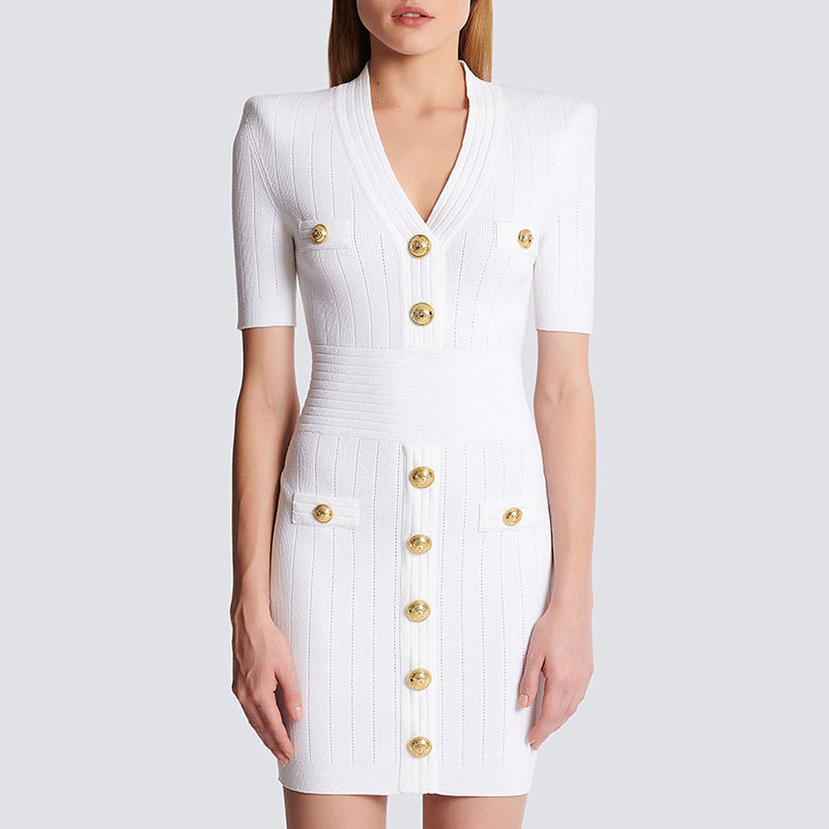 New Style Commuter V-neck Knitted Sweater Medium Long Dress with Rivet Buckle Short Sleeve Dress for Women