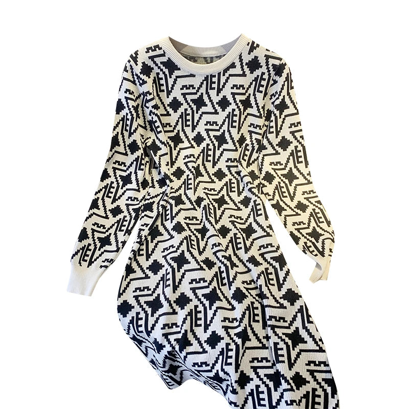 Office Lady Knitted Dress Autumn Winter French Style Slim Crewneck Long Sleeve Mini Sweater Dress for Women