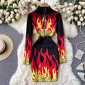 Women Knitted Sweater Dress Zipper Collar Long Sleeve Casual Dress