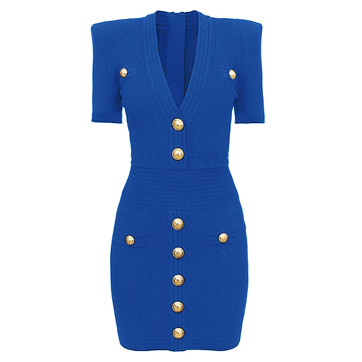 New Style Commuter V-neck Knitted Sweater Medium Long Dress with Rivet Buckle Short Sleeve Dress for Women