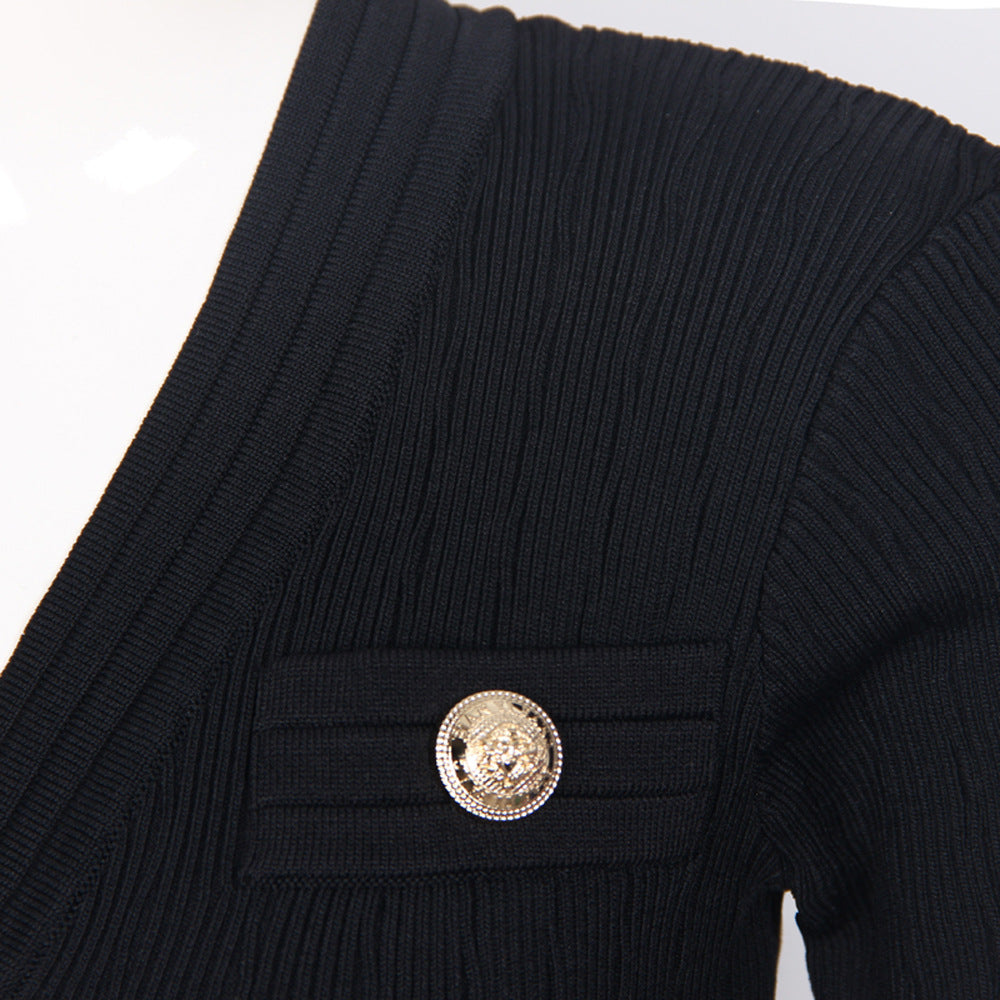 New Style Commuter V-neck Knitted Sweater Medium Long Dress with Rivet Buckle Short Sleeve Dress for Women