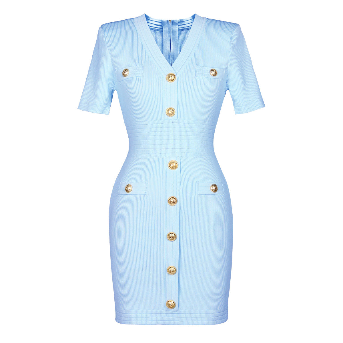 New Style Commuter V-neck Knitted Sweater Medium Long Dress with Rivet Buckle Short Sleeve Dress for Women