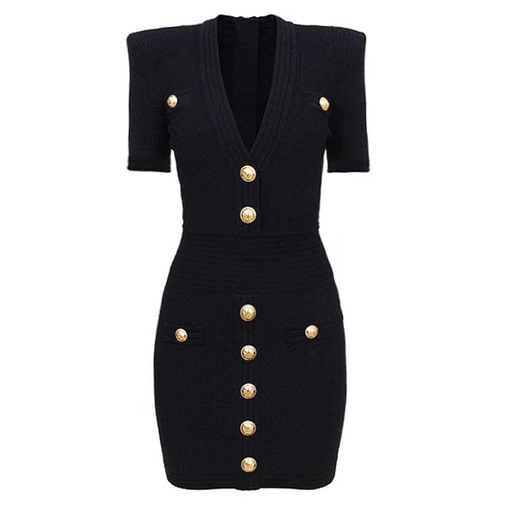 New Style Commuter V-neck Knitted Sweater Medium Long Dress with Rivet Buckle Short Sleeve Dress for Women