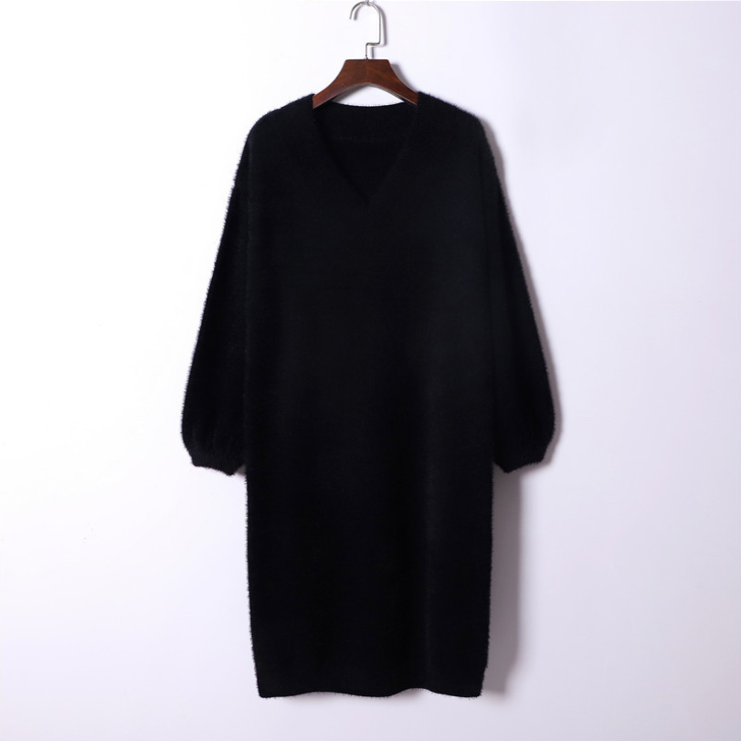 Autumn winter v-neck short lantern sleeve thick sweater dress fur dress women loose mini dress Female  chic straight dress